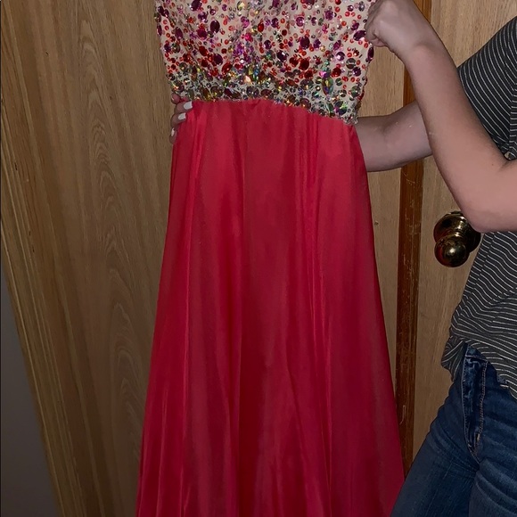 One shoulder open black sparkly coral prom dress - Picture 2 of 4